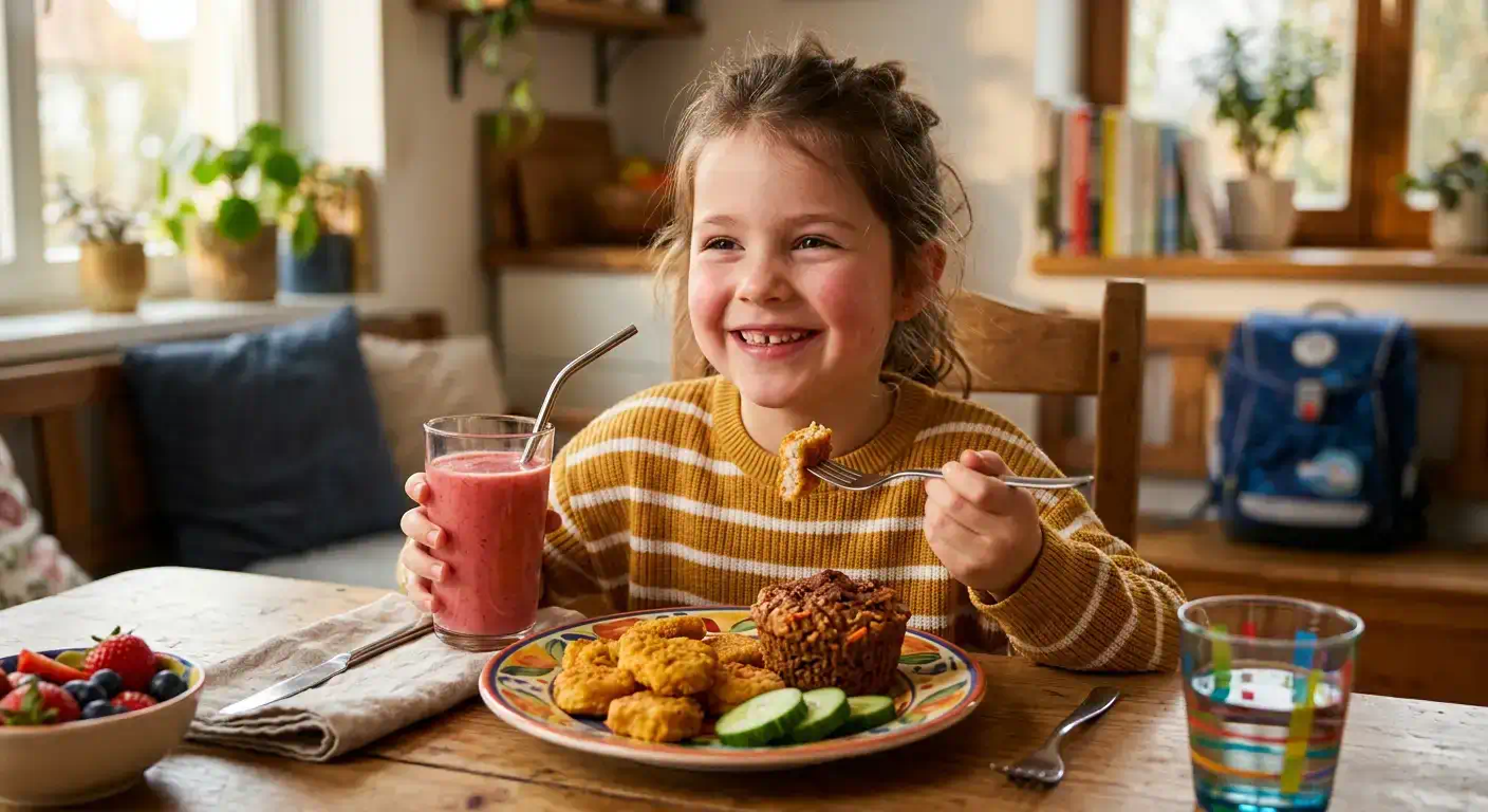 Niño feliz y saludable comiendo nuggets, muffins y licuado de frutilla