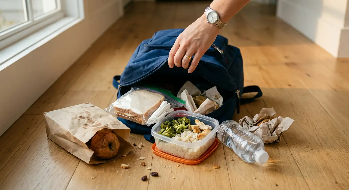 Mochila de niño con comida escondida sin comer